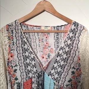 Kori America Boho Bell Sleeve Midi Dress Patchwork